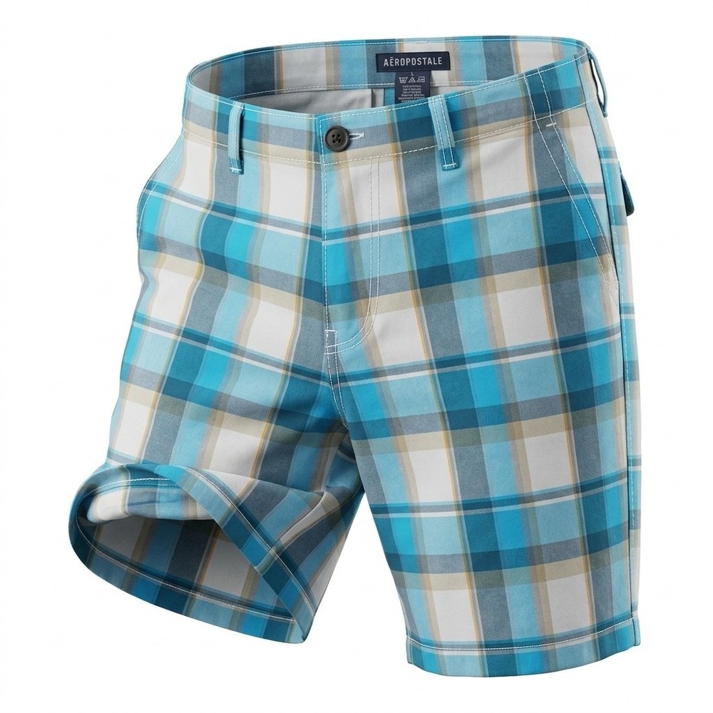 Aeropostale Shorts Mens 31 Linen Cotton Blend Turquoise Blue Plaid Regular 2017